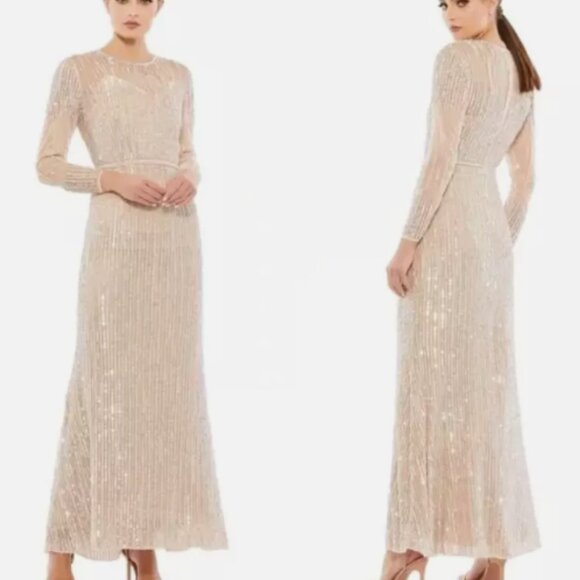 MAC DUGGAL 93629 SEQUINED HIGH NECK LONG SLEEVE TRUMPET ROSE GOLD GOWN sz 16 - Picture 9 of 9